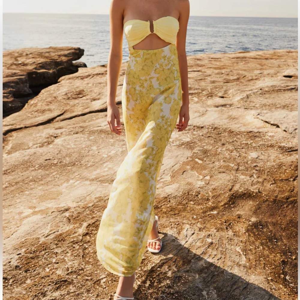 Yellow Floral Strapless Maxi Dress